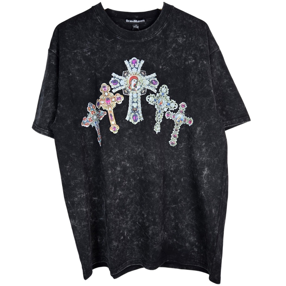 BrandMakers Cross Tee Black Acid Wash Heavyweight Y2K Streetwear Grunge L Relax